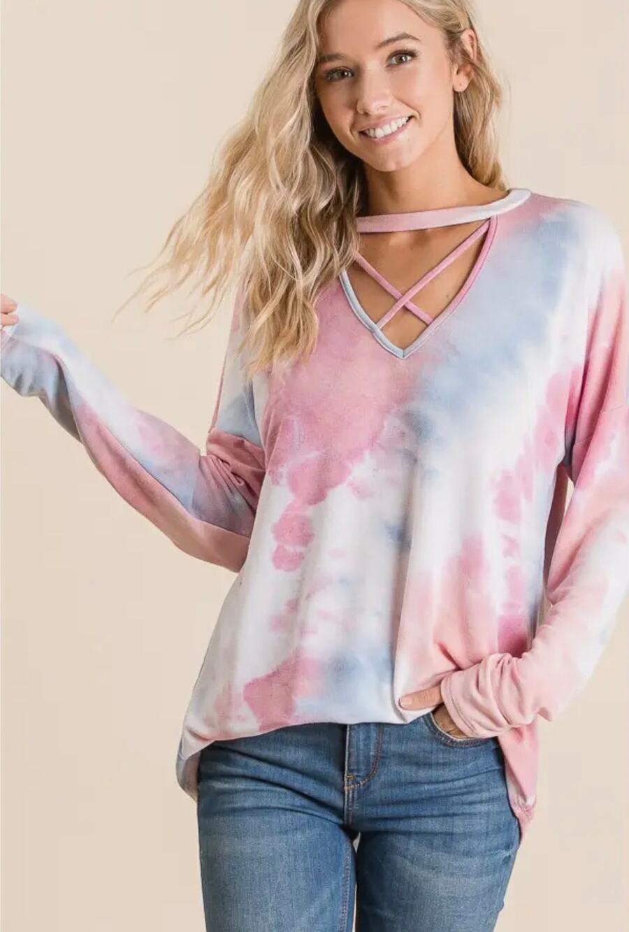"Pink Skies & Blue Tides" Long Sleeve French Terry Tie Dyed Top